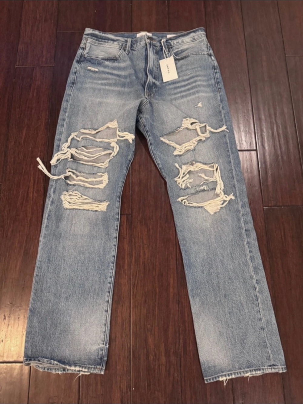 Frame Denim Light Wash Ripped Straight Jeans
